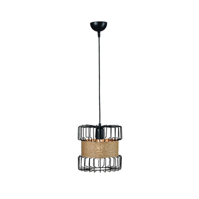 GloboStar® ORB 201-0096 Vintage Κρεμαστό Φωτιστικό Πλέγμα Μονόφωτο 1 x E27 IP20 Μαύρο Μέταλλο με Μπεζ Σχοινί - Μ28 x Π28 x Υ80cm