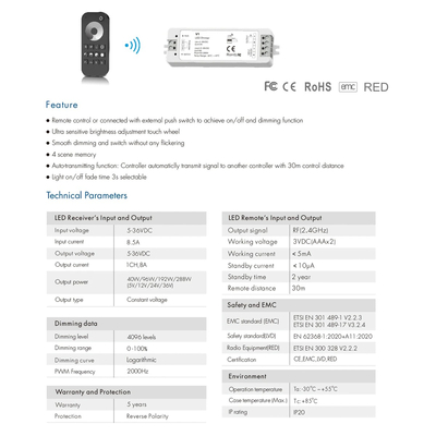 GloboStar® 73118 RT1+V1 SKYDANCE ΣΕΤ Dimmer & Ασύρματο Χειριστήριο Αφής 1 Group RF 2.4Ghz 8A Max DC 5-36V (288W) - DC 3V IP20 - 5 Χρόνια Εγγύηση