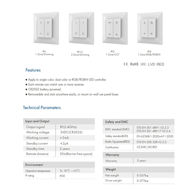 GloboStar® 73122 PF1-2 SKYDANCE Ασύρματο Επιτοίχιο Χειριστήριο 2 Group  RF 2.4Ghz DC3V IP20 - Μ8.5 x Π8.5 x Υ1.7cm - 5 Χρόνια Εγγύηση