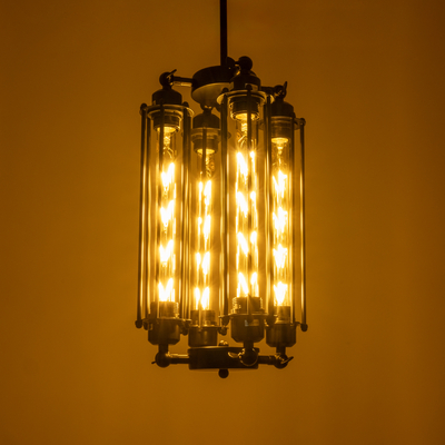 GloboStar® TUBING 01013 Vintage Κρεμαστό Φωτιστικό Πλέγμα Πολύφωτο 4 x E27 IP20 Μαύρο Μέταλλο - Μ27 x Π27 x Y47cm