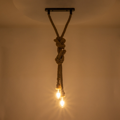 GloboStar® ROPE 01019 Vintage Κρεμαστό Φωτιστικό Ανάρτηση Δίφωτο 2 x E27 IP20 Μπεζ Σχοινί - Μ38 x Π35.5 x Υ200cm