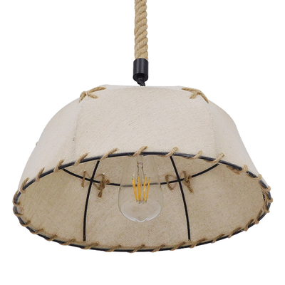 GloboStar® ANTOINETTE 01028 Vintage Κρεμαστό Φωτιστικό Καμπάνα Μονόφωτο 1 x E27 IP20 Μπεζ Σχοινί με Μπεζ Ύφασμα - Μ35 x Π35 x Υ20cm