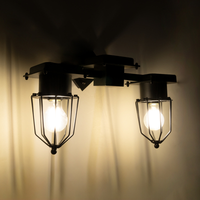 GloboStar® TORO 01079 Vintage Επιτοίχιο Φωτιστικό Απλίκα Δίφωτο 2 x E27 IP20 Μαύρο Μέταλλο - Μ44 x Π33 x Υ21cm