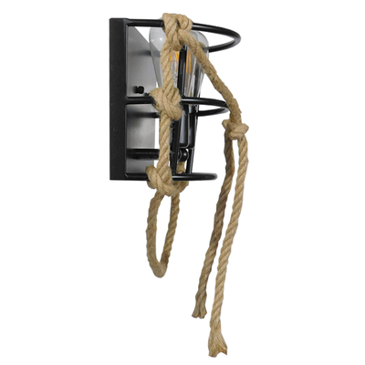 GloboStar® BARBOSA 01083 Vintage Επιτοίχιο Φωτιστικό Απλίκα Δίφωτο 2 x E27 IP20 Μαύρο Μέταλλο με Μπεζ Σχοινί Μ12 x Π19 x Υ28cm