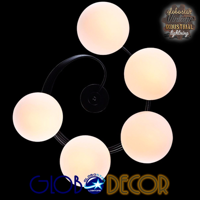 GloboStar® SELINA 01090 Μοντέρνο Φωτιστικό Οροφής Μπάλα Πολύφωτο 5 x E27 IP20 Μαύρο Μέταλλο με Λευκό Γυαλί - Μ63 x Π63 x Υ47cm