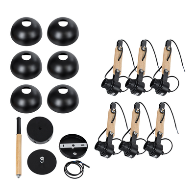 GloboStar® OLD SCHOOL 01094 Μοντέρνο Φωτιστικό Οροφής Καμπάνα Πολύφωτο 6 x E27 IP20 Μαύρο Μέταλλο με Μπεζ Ξύλο - Μ75 x Π75 x Υ40cm