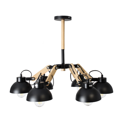 GloboStar® OLD SCHOOL 01094 Μοντέρνο Φωτιστικό Οροφής Καμπάνα Πολύφωτο 6 x E27 IP20 Μαύρο Μέταλλο με Μπεζ Ξύλο - Μ75 x Π75 x Υ40cm