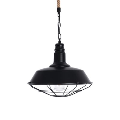 GloboStar® CRANE 01109 Vintage Κρεμαστό Φωτιστικό Καμπάνα Μονόφωτο 1 x E27 IP20 Μαύρο Μέταλλο με Μπεζ Σχοινί - Μ36 x Π36 x Υ30cm