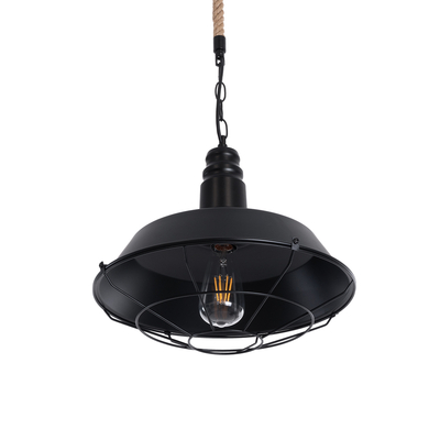GloboStar® CRANE 01109 Vintage Κρεμαστό Φωτιστικό Καμπάνα Μονόφωτο 1 x E27 IP20 Μαύρο Μέταλλο με Μπεζ Σχοινί - Μ36 x Π36 x Υ30cm