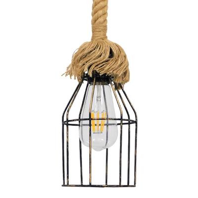 GloboStar® LAICO 01129 Vintage Κρεμαστό Φωτιστικό Πλέγμα Μονόφωτο 1 x E27 IP20 Μπρούτζινο Μέταλλο με Μπεζ Σχοινί - Μ12 x Π12 x Υ100cm