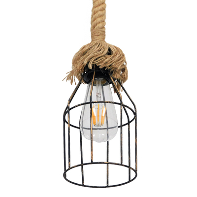 GloboStar® LAICO 01129 Vintage Κρεμαστό Φωτιστικό Πλέγμα Μονόφωτο 1 x E27 IP20 Μπρούτζινο Μέταλλο με Μπεζ Σχοινί - Μ12 x Π12 x Υ100cm