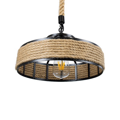 GloboStar® SAHARA 01146 Vintage Κρεμαστό Φωτιστικό Καμπάνα Μονόφωτο 1 x E27 IP20 Μαύρο Μέταλλο με Μπεζ Σχοινί - Μ31 x Π31 x Υ14cm