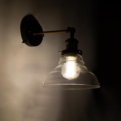 GloboStar® LYDIA 01159 Vintage Επιτοίχιο Φωτιστικό Απλίκα Μονόφωτο 1 x E27 IP20 Μπρούτζινο Μέταλλο με Διάφανο Γυαλί - Μ19 x Π30 x Υ24cm