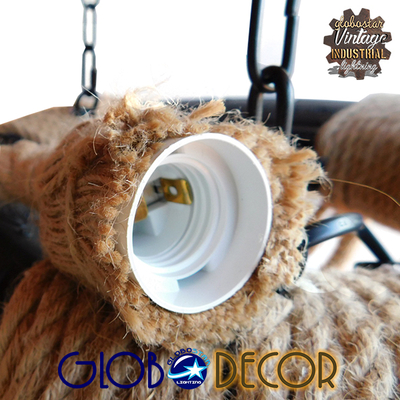 GloboStar® RUNNER 01115 Vintage Κρεμαστό Φωτιστικό Ανάρτηση Πολύφωτο 6 x E27 IP20 Μαύρο Πλαστικό με Μπεζ Σχοινί - Μ45 x Π45 x Υ60cm