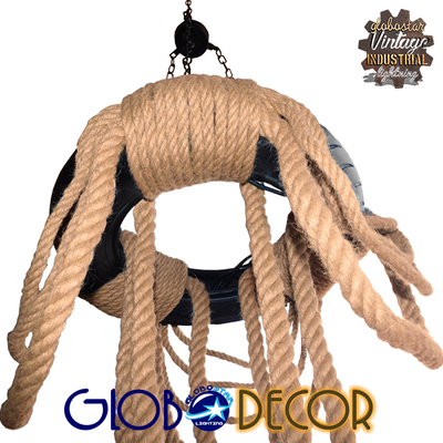 GloboStar® RUNNER 01115 Vintage Κρεμαστό Φωτιστικό Ανάρτηση Πολύφωτο 6 x E27 IP20 Μαύρο Πλαστικό με Μπεζ Σχοινί - Μ45 x Π45 x Υ60cm