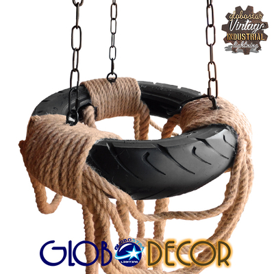 GloboStar® RUNNER 01115 Vintage Κρεμαστό Φωτιστικό Ανάρτηση Πολύφωτο 6 x E27 IP20 Μαύρο Πλαστικό με Μπεζ Σχοινί - Μ45 x Π45 x Υ60cm