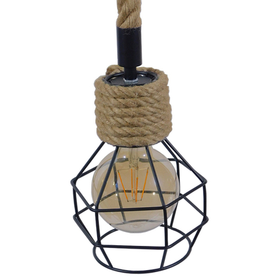GloboStar® HELLET 01182 Vintage Κρεμαστό Φωτιστικό Πλέγμα Μονόφωτο 1 x E27 IP20 Μαύρο Μέταλλο με Μπεζ Σχοινί - Μ16 x Π16 x Υ25cm