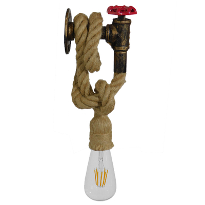 GloboStar® TROUVER 01183 Vintage Επιτοίχιο Φωτιστικό Απλίκα Μονόφωτο 1 x E27 IP20 Μπρούτζινο & Κόκκινο Μέταλλο με Μπεζ Σχοινί Μ14.5 x Π3.3 x Υ16cm