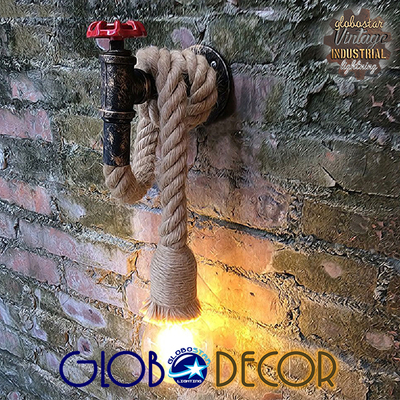 GloboStar® TROUVER 01183 Vintage Επιτοίχιο Φωτιστικό Απλίκα Μονόφωτο 1 x E27 IP20 Μπρούτζινο & Κόκκινο Μέταλλο με Μπεζ Σχοινί Μ14.5 x Π3.3 x Υ16cm