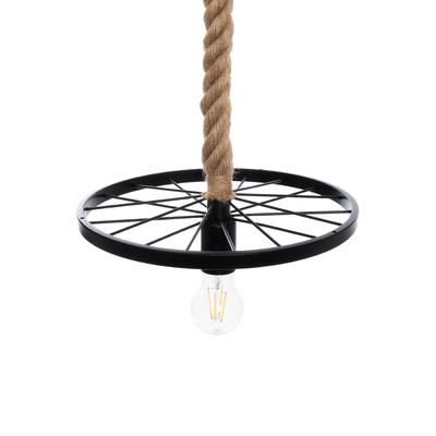 GloboStar® VELO 01185 Vintage Κρεμαστό Φωτιστικό Ανάρτηση Μονόφωτο 1 x E27 IP20 Μαύρο Μέταλλο με Μπεζ Σχοινί - Μ30 x Π30 x Υ12cm