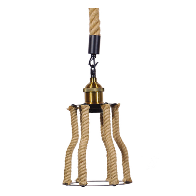 GloboStar® LANTERN 01186 Vintage Κρεμαστό Φωτιστικό Ανάρτηση Μονόφωτο 1 x E27 IP20 Μαύρο & Χρυσό Μέταλλο με Μπεζ Σχοινί - Μ15 x Π15 x Υ24cm