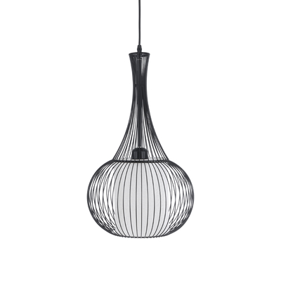 GloboStar® REA 01198 Μοντέρνο Κρεμαστό Φωτιστικό Πλέγμα Μονόφωτο 1 x E27 IP20 Μαύρο Μέταλλο με Λευκό Ύφασμα - Μ30 x Π30 x Υ50cm