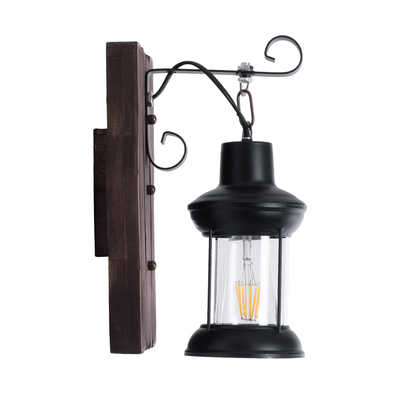 GloboStar® BRASRA 01204 Vintage Επιτοίχιο Φωτιστικό Απλίκα Μονόφωτο 1 x E27 IP20 Καφέ Ξύλο, Μαύρο Μέταλλο με Διάφανο Γυαλί - Μ15 x Π20 x Υ30cm