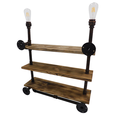 GloboStar® ENIMAS 01217 Vintage Επιτοίχιο Φωτιστικό Απλίκα Δίφωτο 2 x E27 IP20 Χάλκινο Μέταλλο με Μπεζ Ξύλο - Μ65 x Π23 x Υ76cm