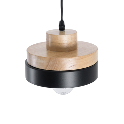 GloboStar® RUHIEL 01233 Μοντέρνο Κρεμαστό Φωτιστικό Καμπάνα Μονόφωτο 1 x E27 IP20 Μαύρο Μέταλλο με Μπεζ Ξύλο - Μ18 x Π18 x Υ12cm