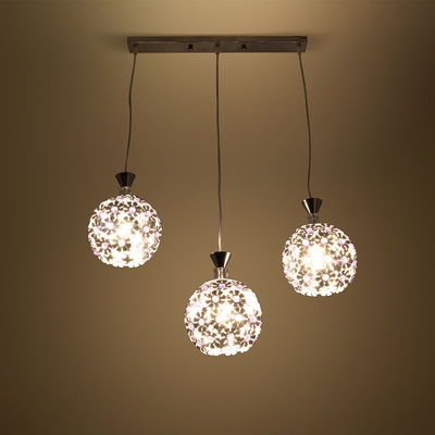 GloboStar® BOUQUET 01249 Μοντέρνο Κρεμαστό Φωτιστικό Μπάλα Τρίφωτο 3 x E27 IP20 Ασημί Μέταλλο με Μωβ Κρύσταλλο - Μ66 x Π19 x Υ24cm