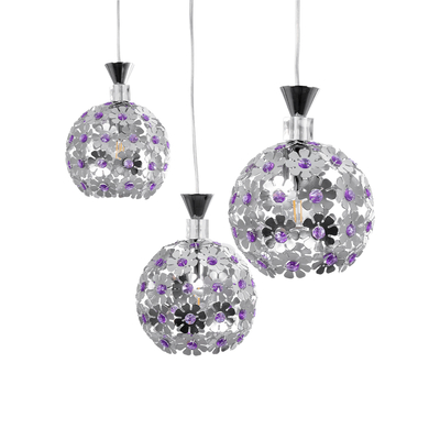GloboStar® BOUQUET 01249 Μοντέρνο Κρεμαστό Φωτιστικό Μπάλα Τρίφωτο 3 x E27 IP20 Ασημί Μέταλλο με Μωβ Κρύσταλλο - Μ66 x Π19 x Υ24cm