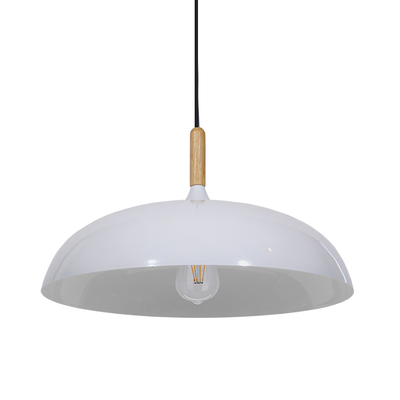 GloboStar® VALLETE 01256 Μοντέρνο Κρεμαστό Φωτιστικό Καμπάνα Μονόφωτο 1 x E27 IP20 Λευκό Μέταλλο με Μπεζ Ξύλο - Μ45 x Π45 x Υ27cm