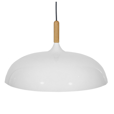 GloboStar® VALLETE 01256 Μοντέρνο Κρεμαστό Φωτιστικό Καμπάνα Μονόφωτο 1 x E27 IP20 Λευκό Μέταλλο με Μπεζ Ξύλο - Μ45 x Π45 x Υ27cm