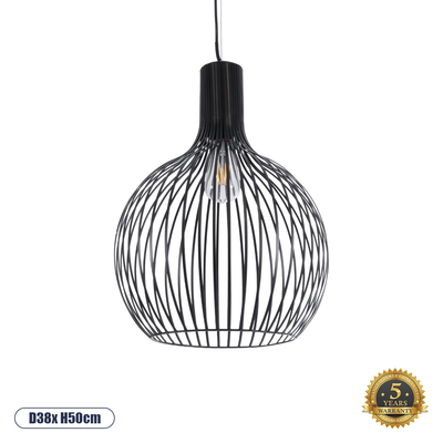 GloboStar® SCANDI 01266 Μοντέρνο Κρεμαστό Φωτιστικό Πλέγμα Μονόφωτο 1 x E27 IP20 Μαύρο Μέταλλο - Μ38 x Π38 x Υ50cm