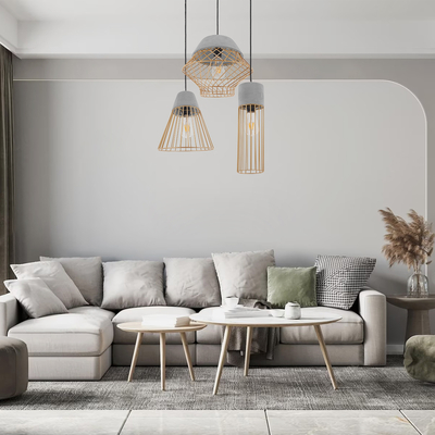 GloboStar® DURANT 01323 Μοντέρνο Κρεμαστό Φωτιστικό Πλέγμα Μονόφωτο 1 x E27 IP20 Γκρι Τσιμέντο με Μπεζ Μέταλλο - Μ25 x Π25 x Υ31cm