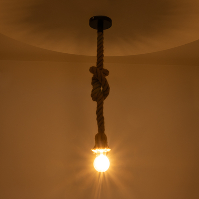 GloboStar® ROPE 01278 Vintage Κρεμαστό Φωτιστικό Ανάρτηση Μονόφωτο 1 x E27 IP20 Μπεζ Σχοινί - Μ3.5 x Π3.5 x Y100cm