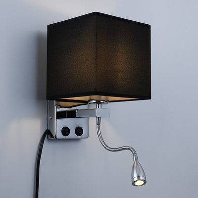 GloboStar® ELEGANT 01494 Μοντέρνο Επιτοίχιο Φωτιστικό Απλίκα με LED Βραχίονα Δίφωτο 1 x E27 IP20 Μαύρο Ύφασμα με Ασημί Μέταλλο - Μ17 x Π21 x Υ43cm