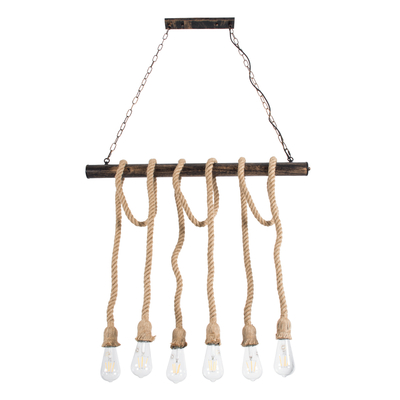 GloboStar® RAILROAD 01379 Vintage Κρεμαστό Φωτιστικό Ράγα Πολύφωτο 6 x E27 IP20 Χάλκινο Μέταλλο με Μπεζ Σχοινί - Μ80 x Π4 x Y55cm