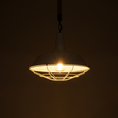 GloboStar® CRANE 01409 Vintage Κρεμαστό Φωτιστικό Μονόφωτο Καμπάνα 1 x E27 IP20 Λευκό Μεταλλο με Μπεζ Σχοινί - Μ36 x Π36 x Y31cm