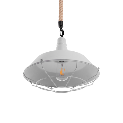 GloboStar® CRANE 01409 Vintage Κρεμαστό Φωτιστικό Μονόφωτο Καμπάνα 1 x E27 IP20 Λευκό Μεταλλο με Μπεζ Σχοινί - Μ36 x Π36 x Y31cm