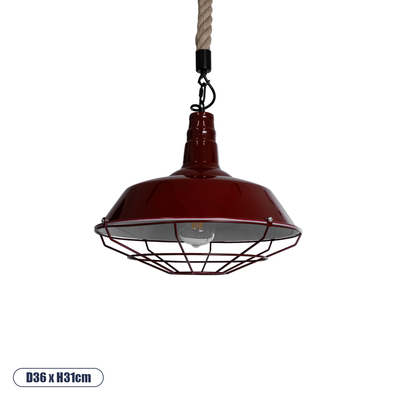 GloboStar® CRANE 01410 Vintage Κρεμαστό Φωτιστικό Μονόφωτο Καμπάνα 1 x E27 IP20 Μπορντό Κόκκινο & Λευκό Μεταλλο με Μπεζ Σχοινί - Μ36 x Π36 x Y31cm