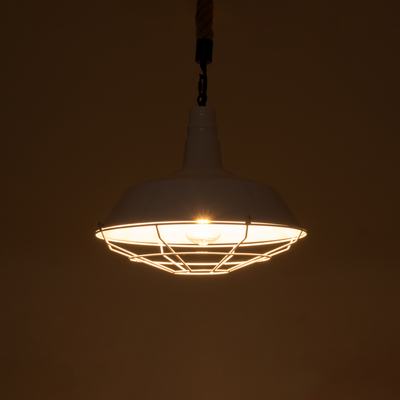 GloboStar® PUPPET 01412 Vintage Κρεμαστό Φωτιστικό Μονόφωτο Καμπάνα 1 x E27 IP20 Λευκό Μεταλλο με Μπεζ Σχοινί - Μ36 x Π36 x Y31cm