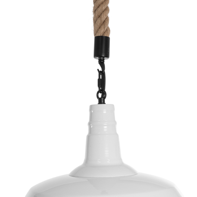 GloboStar® PUPPET 01412 Vintage Κρεμαστό Φωτιστικό Μονόφωτο Καμπάνα 1 x E27 IP20 Λευκό Μεταλλο με Μπεζ Σχοινί - Μ36 x Π36 x Y31cm