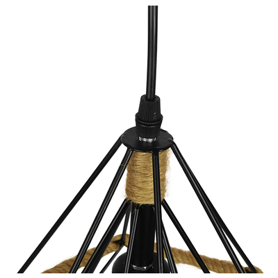 GloboStar® FLUTED 01421 Vintage Κρεμαστό Φωτιστικό Πλέγμα Μονόφωτο 1 x E27 IP20 Μαύρο Μέταλλο με Μπεζ Σχοινί - Μ25 x Π25 x Y24cm