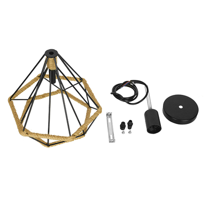 GloboStar® FLUTED 01421 Vintage Κρεμαστό Φωτιστικό Πλέγμα Μονόφωτο 1 x E27 IP20 Μαύρο Μέταλλο με Μπεζ Σχοινί - Μ25 x Π25 x Y24cm