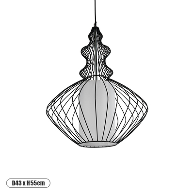 GloboStar® LILY 01558 Vintage Κρεμαστό Φωτιστικό Πλέγμα Μονόφωτο 1 x E27 IP20 Μαύρο Μέταλλο με Λευκό Ύφασμα - Μ43 x Π43 x Υ55cm