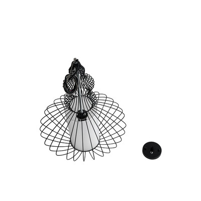 GloboStar® LILY 01558 Vintage Κρεμαστό Φωτιστικό Πλέγμα Μονόφωτο 1 x E27 IP20 Μαύρο Μέταλλο με Λευκό Ύφασμα - Μ43 x Π43 x Υ55cm