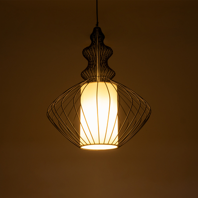 GloboStar® LILY 01558 Vintage Κρεμαστό Φωτιστικό Πλέγμα Μονόφωτο 1 x E27 IP20 Μαύρο Μέταλλο με Λευκό Ύφασμα - Μ43 x Π43 x Υ55cm