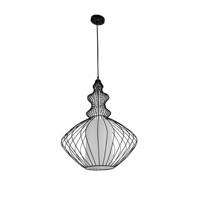 GloboStar® LILY 01558 Vintage Κρεμαστό Φωτιστικό Πλέγμα Μονόφωτο 1 x E27 IP20 Μαύρο Μέταλλο με Λευκό Ύφασμα - Μ43 x Π43 x Υ55cm