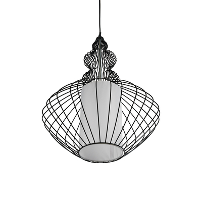 GloboStar® LILY 01558 Vintage Κρεμαστό Φωτιστικό Πλέγμα Μονόφωτο 1 x E27 IP20 Μαύρο Μέταλλο με Λευκό Ύφασμα - Μ43 x Π43 x Υ55cm